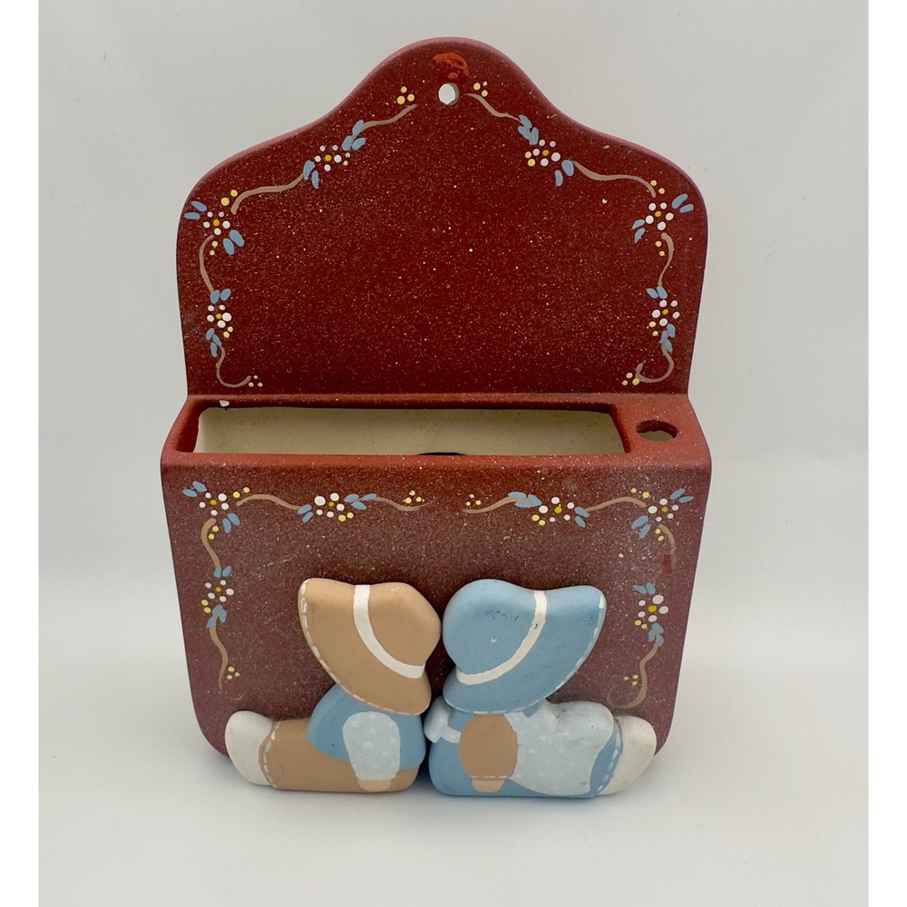 Vintage Cottagecore Ceramic Wall Pocket Country Folk Art Children Floral Red